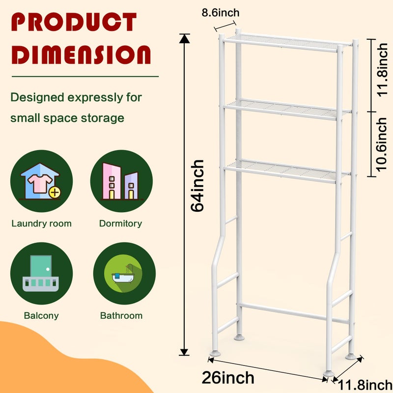 GloTika 3-Tier Over Toilet Storage Rack, Metal Over Toilet Bathroom Organizer Shelf, Freestanding Space Saver Storage Shelves for Bathroom/Laundry/Living Room (White) - Image 3