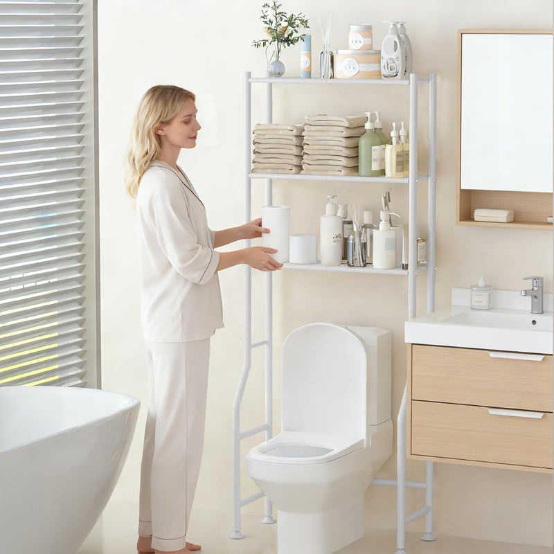 GloTika 3-Tier Over Toilet Storage Rack, Metal Over Toilet Bathroom Organizer Shelf, Freestanding Space Saver Storage Shelves for Bathroom/Laundry/Living Room (White) - Image 2