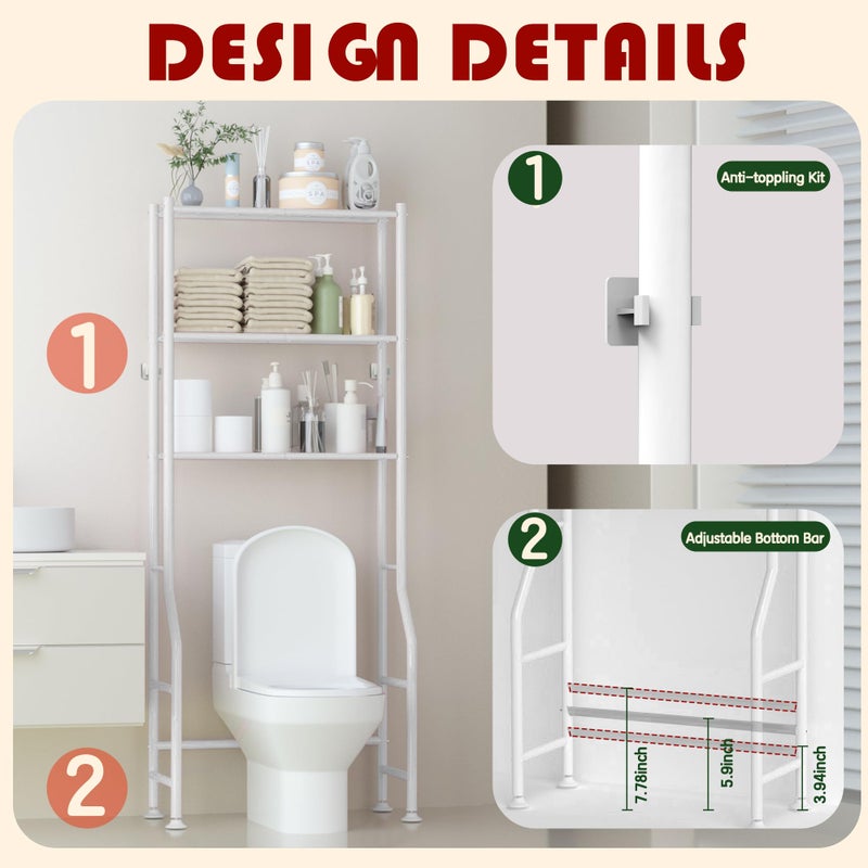 GloTika 3-Tier Over Toilet Storage Rack, Metal Over Toilet Bathroom Organizer Shelf, Freestanding Space Saver Storage Shelves for Bathroom/Laundry/Living Room (White) - Image 5