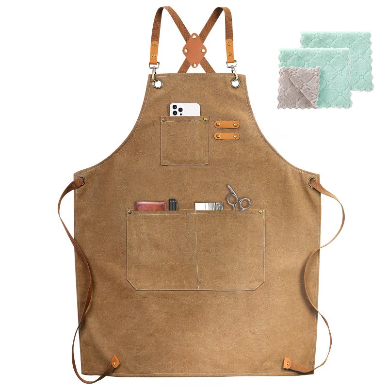 ZOMAO Chef Apron, Cotton Canvas Cross Back Apron with Pockets for Women and Men,Adjustable Strap and Large Pockets Apron,Kitchen Cooking Baking Bib Apron - Image 1