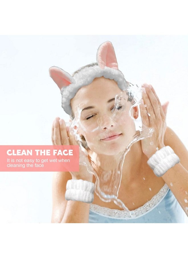 AEGYPIUS Face Wash Headband And Wristband Set ; Cat Ears Headband & Wristband Set For Face Washing ; 3Pcs Spa Headband Set ; Extra Soft Coral Fleece Comfort & Style ; White ; Perfect For Women & Girls  - Image 3
