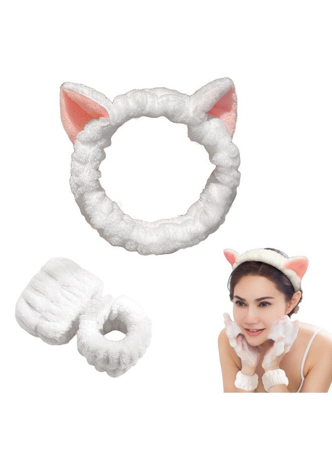 AEGYPIUS Face Wash Headband And Wristband Set ; Cat Ears Headband & Wristband Set For Face Washing ; 3Pcs Spa Headband Set ; Extra Soft Coral Fleece Comfort & Style ; White ; Perfect For Women & Girls  - Image 2