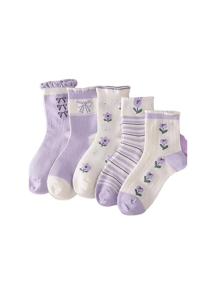 "SMARTEDGE Stylish women's socks with a bow and floral print, summer ankle socks, very elegant, set of 6 pairs in assorted colors. Trendy design for women and girls.