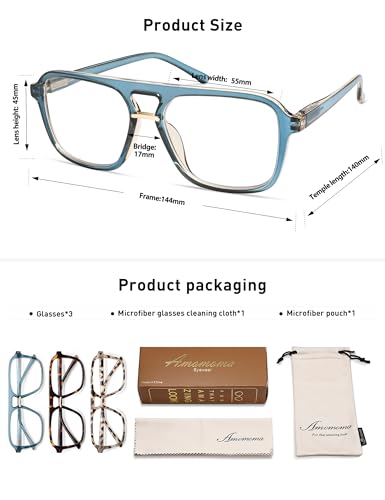 AMOMOMA 3 Pack Trendy Aviator Reading Glasses for Women Men Stylish Square Blue Light Blocking Readers AM6164 Mix (+2.00 Magnification Strength) - Image 5