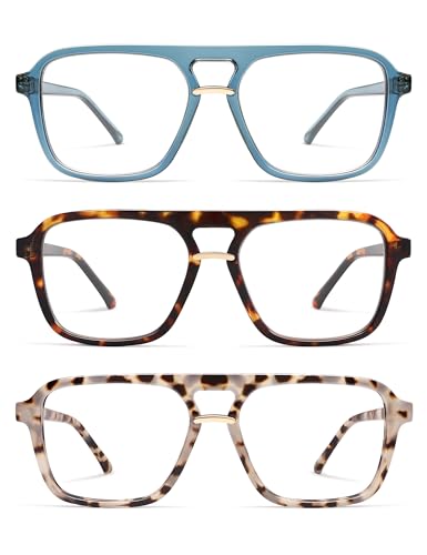 AMOMOMA 3 Pack Trendy Aviator Reading Glasses for Women Men Stylish Square Blue Light Blocking Readers AM6164 Mix (+2.00 Magnification Strength) - Image 1