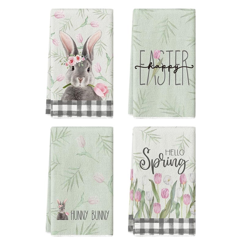 Artoid Mode Buffalo Plaid Rabbit Bunny Flower Easter Kitchen Towels Dish Towels 18x26 Inch Spring Farmhouse Holiday Decoration Hand Towels Set of 4 - Image 2