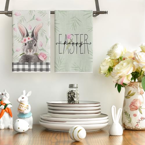 Artoid Mode Buffalo Plaid Rabbit Bunny Flower Easter Kitchen Towels Dish Towels 18x26 Inch Spring Farmhouse Holiday Decoration Hand Towels Set of 4 - Image 3