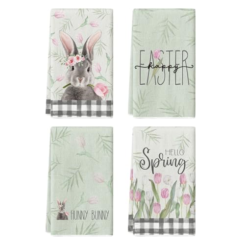 Artoid Mode Buffalo Plaid Rabbit Bunny Flower Easter Kitchen Towels Dish Towels 18x26 Inch Spring Farmhouse Holiday Decoration Hand Towels Set of 4 - Image 1