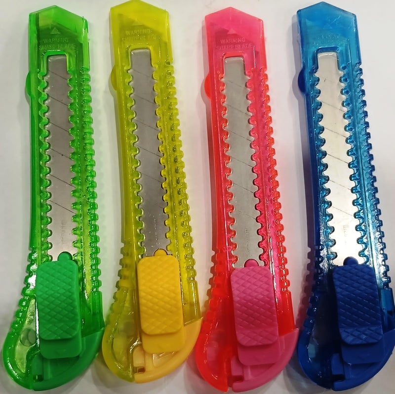 4 Cutter/Plastic Body/Medium Size/Safety Button/Multi Blade/Lightweight/Very Functional/Assorted Colors