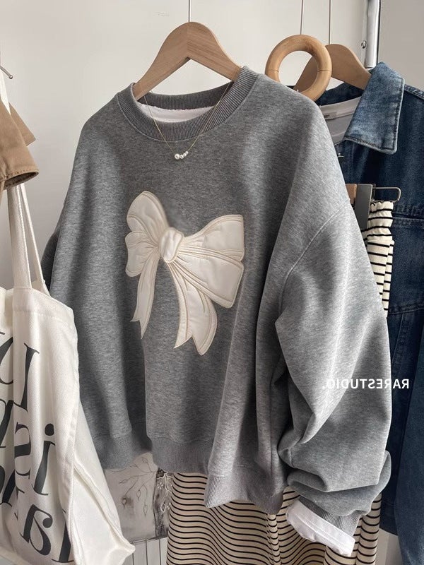 Grey Round Neck Bow Sweatshirt Womens Spring and Autumn High-end Super Good-looking Loose Lazy Long-sleeved Shoulder Top Gray