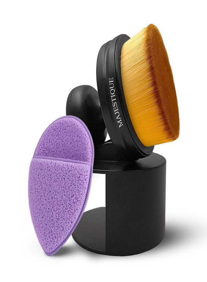 Majestique Foundation Makeup Brush Flat Top Face Blush Liquid Powder Foundation Brush for Blending with Protective Stand and Makeup Remover Sponge - Image 1