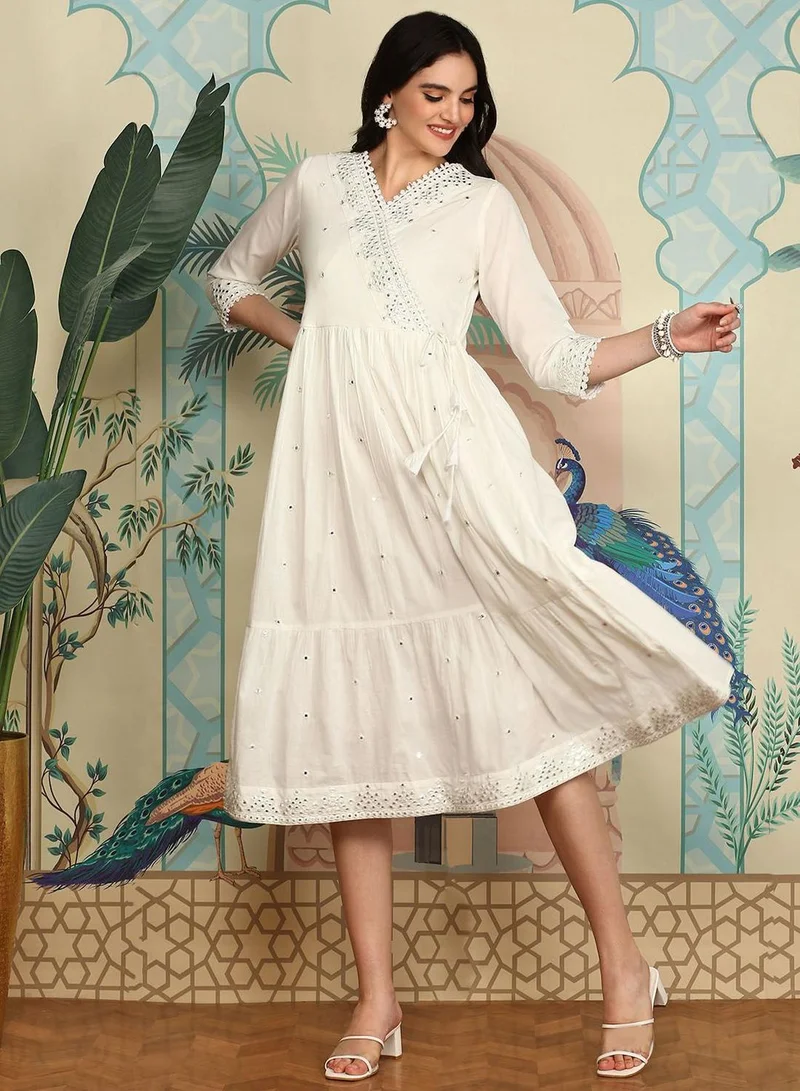 آي شين Women's White 100% Cotton Printed Midi Smock Regular Fit Dress
