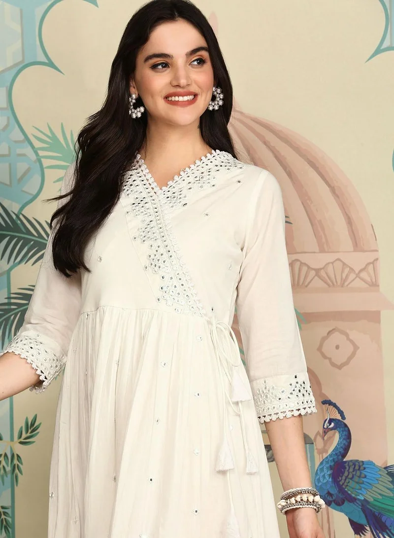 آي شين Women's White 100% Cotton Printed Midi Smock Regular Fit Dress