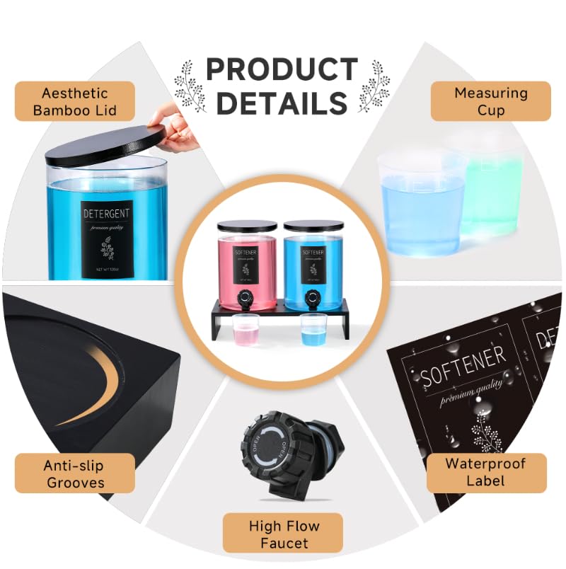 KitHero Glass Laundry Detergent Dispenser with Shelf Black Bamboo Lid 120 Oz Liquid Detergent Laundry Soap Fabric Softener Dispenser for Laundry Room Organization and Storage with 2 Cups 8 Labels - Image 3