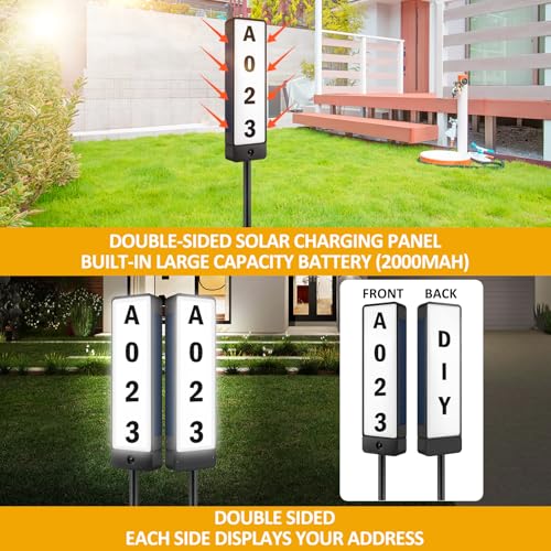 T-SUNUS Solar House Numbers for Outside, Double Sided Address Sign Vertical LED Illuminated Lighted Plaques IP65 Waterproof Driveway Marker Street Signs for Home Yard Warm/Cold White - Image 2