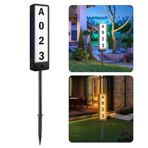 T-SUNUS Solar House Numbers for Outside, Double Sided Address Sign Vertical LED Illuminated Lighted Plaques IP65 Waterproof Driveway Marker Street Signs for Home Yard Warm/Cold White - Image 1