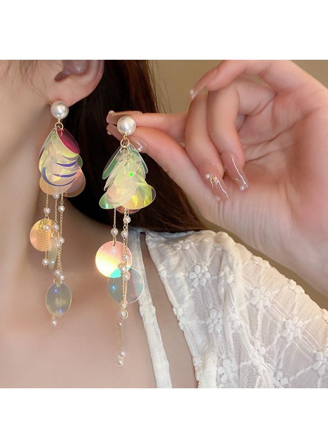 Silver Pin Diamond Crystal Pearl Earrings European And American Retro Light Luxury Long Earrings Fresh Sweet High-end Earrings For Women 