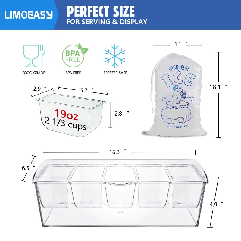 LIMOEASY Chilled Condiment Server, Clear Garnish Tray with Lid for Bar for Parties with 5 Removable Compartments, Ice Serving Bowl, Serving Containers for Fruit, Caddy, Snack, Sauce - Image 3
