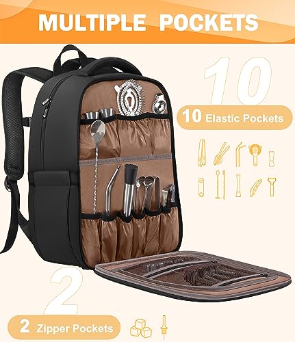 PEKREWS Bartender Bag, Travel Bartending Backpack for Carrying Bar Kit, Portable Bar Bag for Tools Set Storage Cocktail Shaker and Wine Bottle Carrier, Professional Mixology Gift (Backpack Only) - Image 3