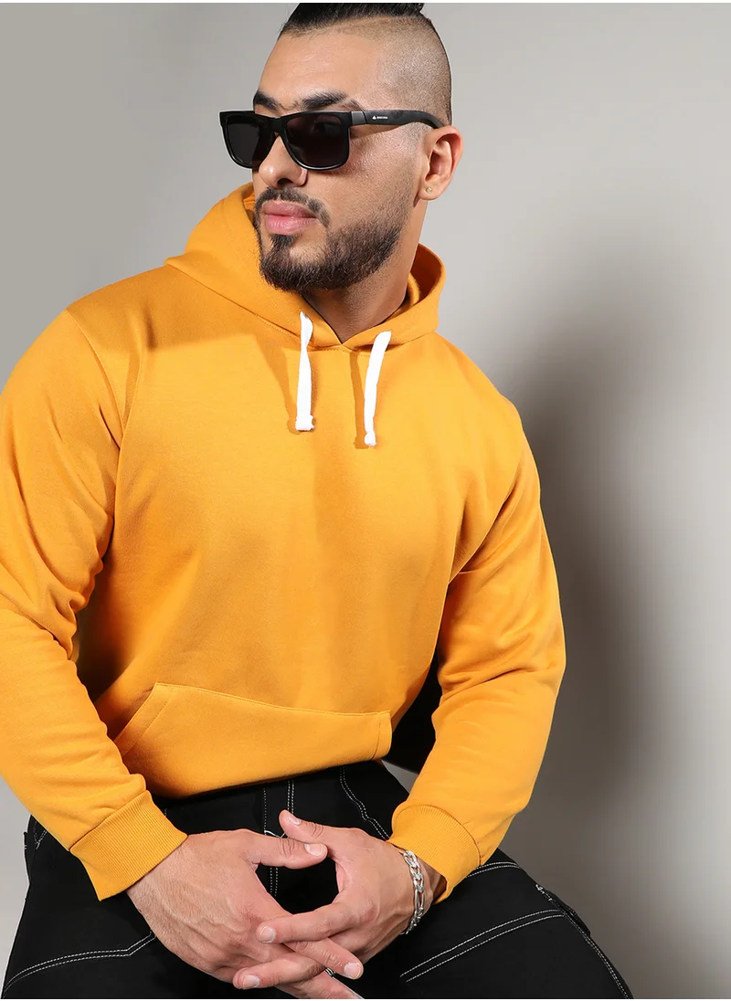 Instafab Plus Instafab Plus Men's Mustard Yellow Basic Hoodie With Kangaroo Pocket For Casual Wear | Hooded Neck | Long Sleeve | Pull On Closure | Cotton Sweatshirt Crafted With Comfort Fit For Everyday Wear