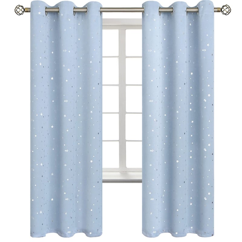 BGment Star Room Darkening Curtains for Kids Bedroom - Grommet Thermal Insulated Silver Star Print Kids Curtains for Living Room  Set of 2 Panels  Baby Blue  42 x 72 Inch - Image 1