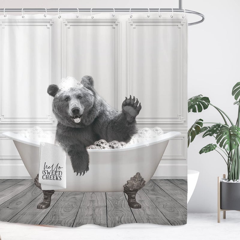 Yookeb Funny Bear Bathroom Shower Curtain 60W by 71H Inch Animal Farmhouse Cabin Hello Sweet Cheeks Polyester Fabric 12 Plastic Hooks Waterproof Decor - Image 1