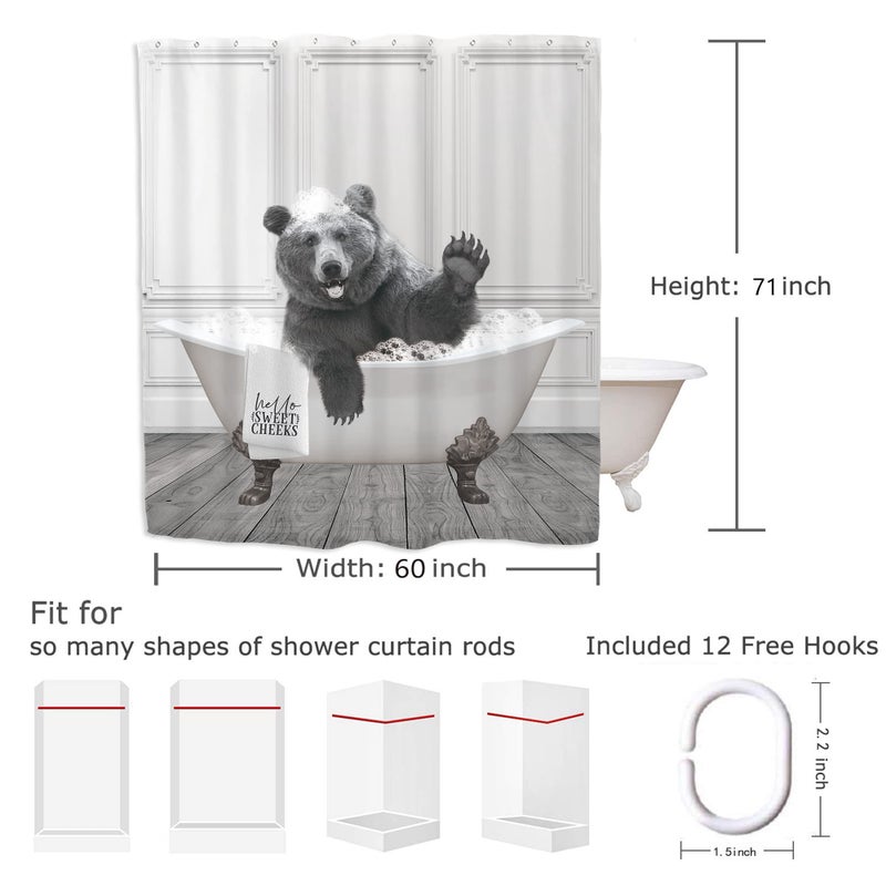 Yookeb Funny Bear Bathroom Shower Curtain 60W by 71H Inch Animal Farmhouse Cabin Hello Sweet Cheeks Polyester Fabric 12 Plastic Hooks Waterproof Decor - Image 2
