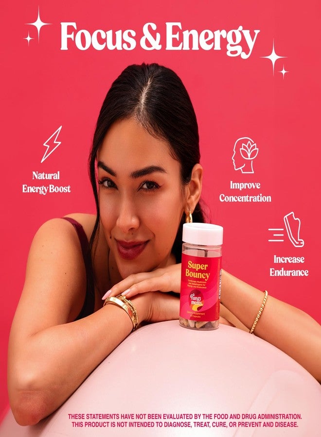 Fungiments Super Bouncy Mushroom Supplement – Cordyceps Focus Capsules for Adults – Natural Brain Boost, Green Tea Energy Vitamins Without jitters, Stamina for Women, Fatigue Support – 60 Count - Image 2