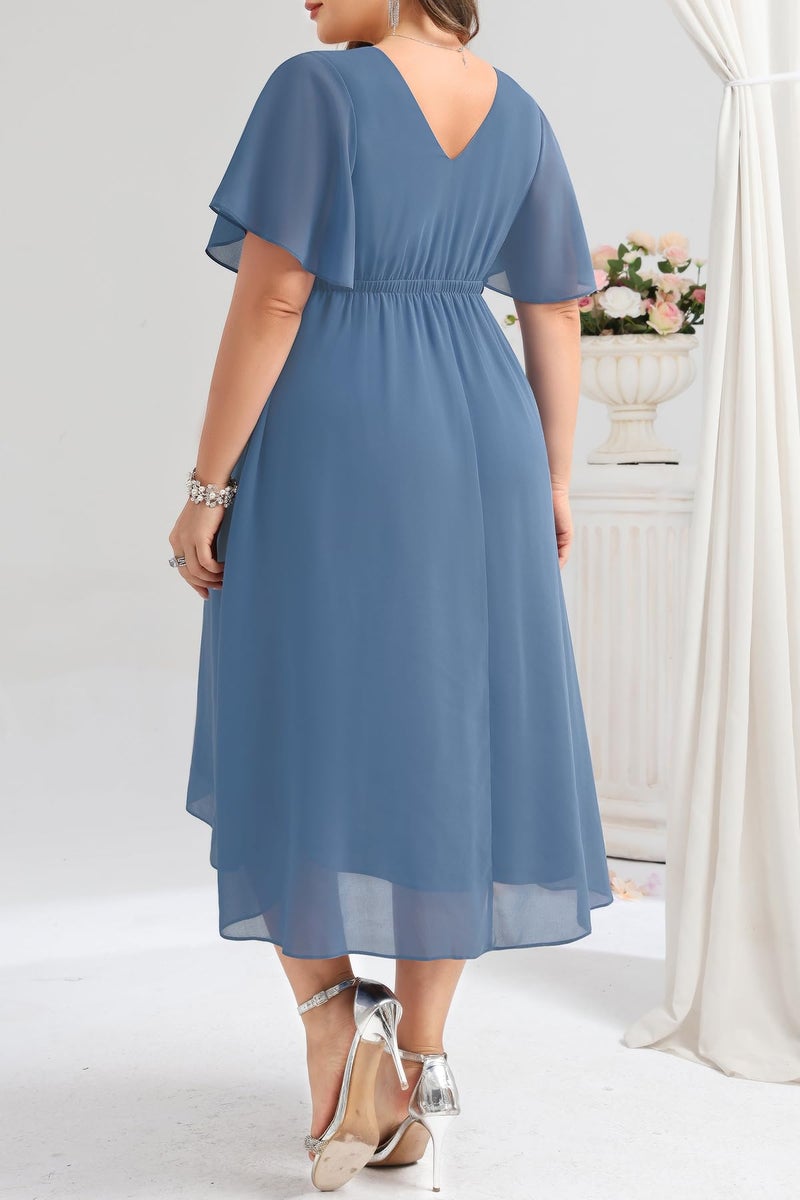 Talisea Dusty Blue Dress Wedding Guest Dresses Plus Size Formal Mother of Bride Bridesmaid Chiffon V Neck Sleeve High Low Women - Image 5
