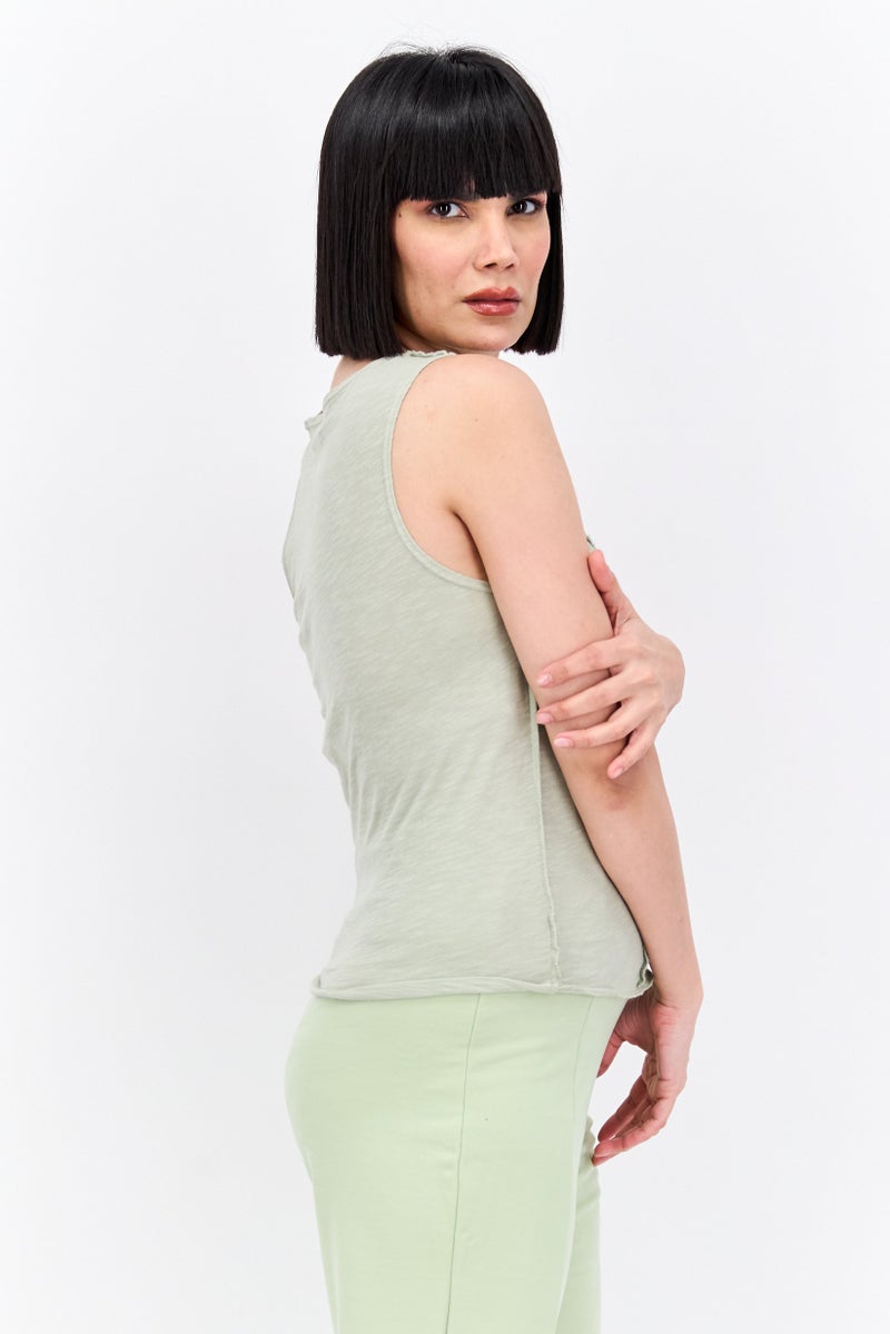 LNA Women Round Neck Sleeve Plain Tank Top, Sage Green - Image 2