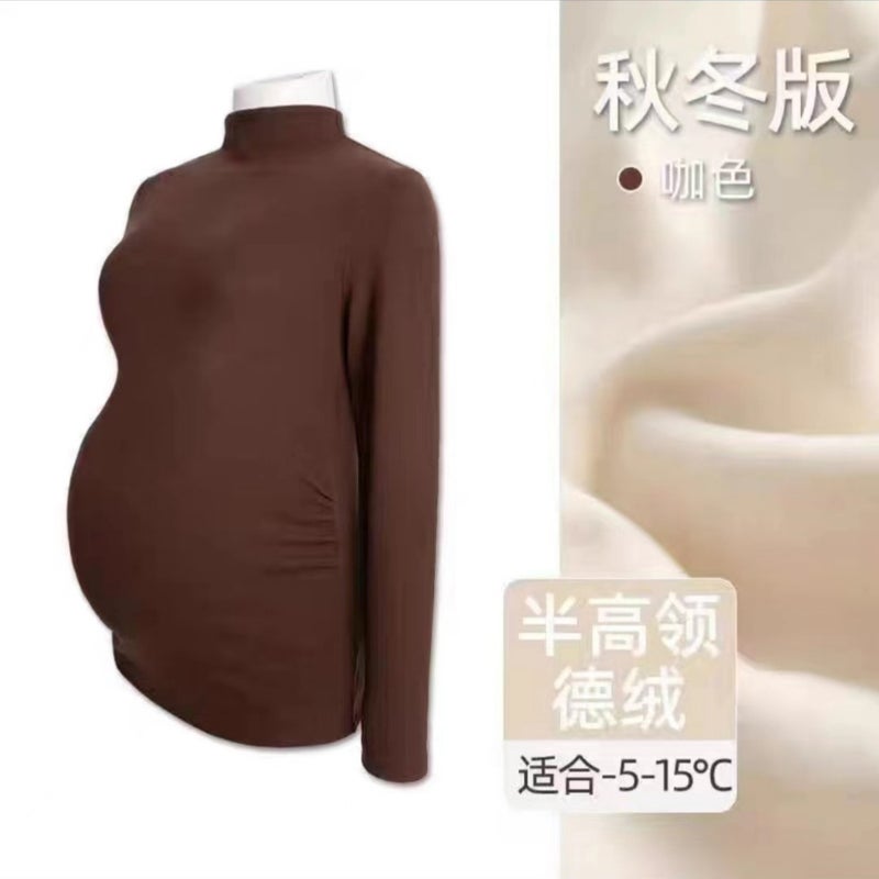 Pregnant Womens Fashion Autumn and Winter Two-piece Set Pregnant Womens Adjustable Abdominal Pants Solid Color Velvet Warm Bottoming Shirt suit 245# brown top 