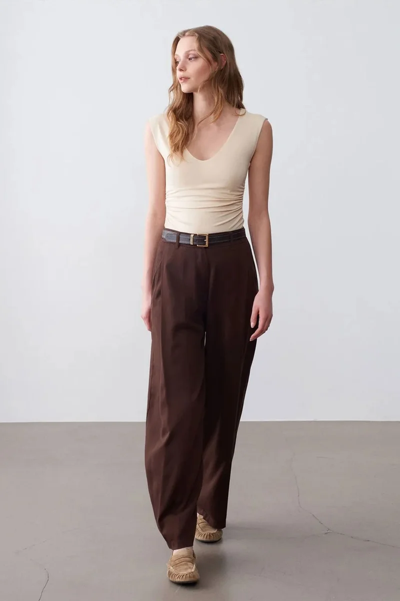 Dilvin Coffee Brown DILVIN Pleated Wide-Leg Trousers for Women | Best Price UAE