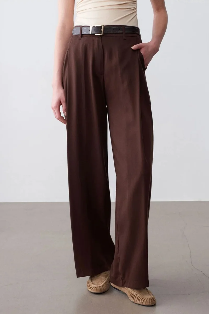 Dilvin Coffee Brown DILVIN Pleated Wide-Leg Trousers for Women | Best Price UAE
