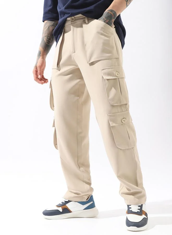 Hubberholme Beige Trousers Solid Button Woven Full Cargo Mid-Rise for Men – Style that defines you