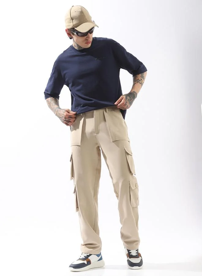 Hubberholme Beige Trousers Solid Button Woven Full Cargo Mid-Rise for Men – Style that defines you