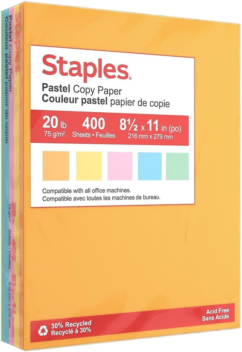 Staples Recycled Pastel Multipurpose Paper, 20 lbs., 8.5-inch x 11-inch, Assorted, 400 Sheets/Pack - Image 1