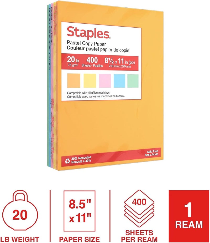 Staples Recycled Pastel Multipurpose Paper, 20 lbs., 8.5-inch x 11-inch, Assorted, 400 Sheets/Pack - Image 2