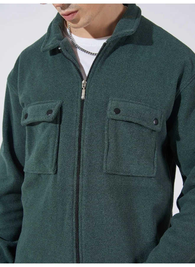 Maniac Maniac Men Solid Green Full Sleeve Button Polyester Fleece Shacket