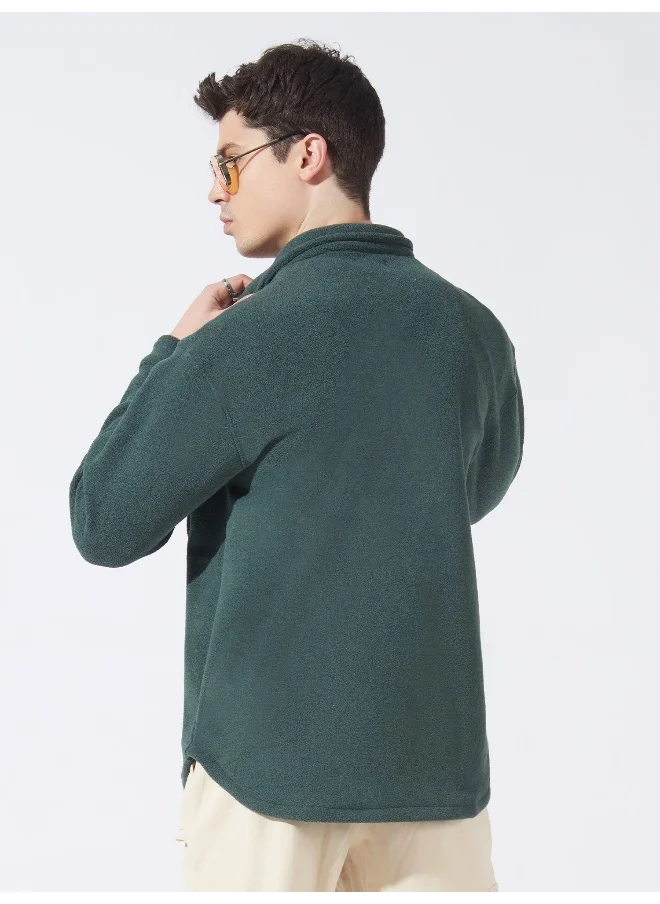 Maniac Maniac Men Solid Green Full Sleeve Button Polyester Fleece Shacket