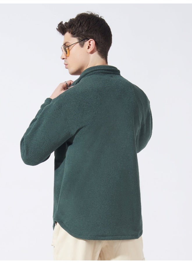Maniac Maniac Men Solid Green Full Sleeve Button Polyester Fleece Shacket  - Image 3