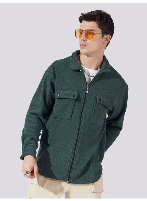 Maniac Men Solid Green Full Sleeve Button Polyester Fleece Shacket