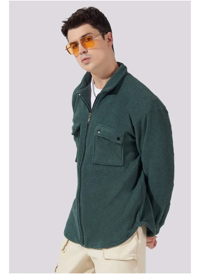 مانياك Maniac Men Solid Green Full Sleeve Button Polyester Fleece Shacket