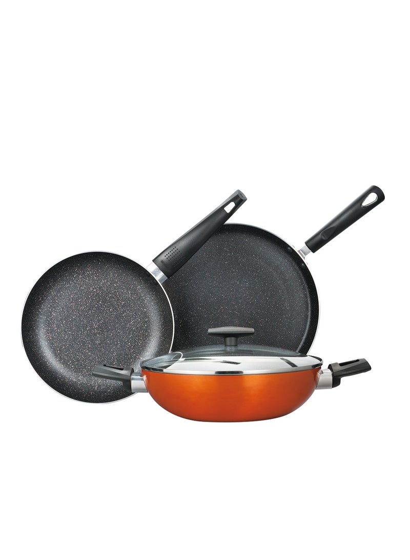 BERGNER طقم أواني الطهي ULTRA 4 قطع، طقم طهي من الألمنيوم المضغوط، أواني طهي ذات قاعدة حثية، أواني طهي مغطاة بالرخام + غير لاصقة، مناسبة لجميع المواقد، لون برتقالي معدني، BG31305OR - Image 2