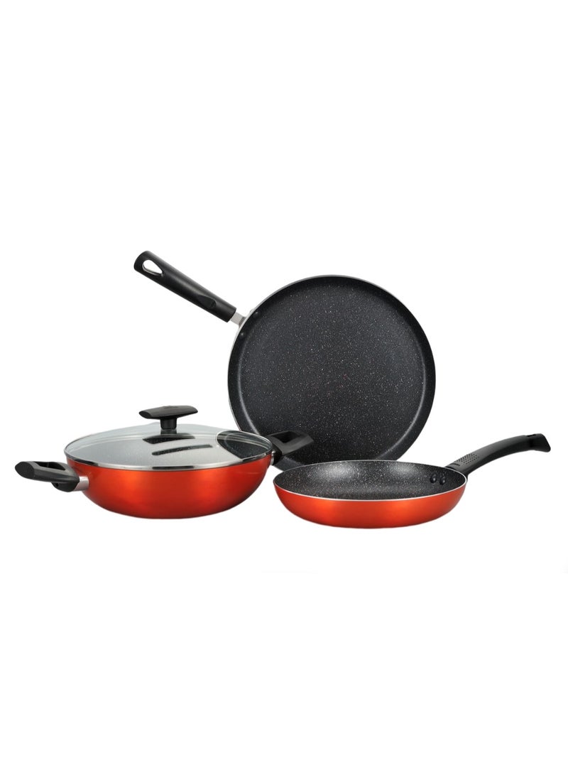 BERGNER طقم أواني الطهي ULTRA 4 قطع، طقم طهي من الألمنيوم المضغوط، أواني طهي ذات قاعدة حثية، أواني طهي مغطاة بالرخام + غير لاصقة، مناسبة لجميع المواقد، لون برتقالي معدني، BG31305OR - Image 1