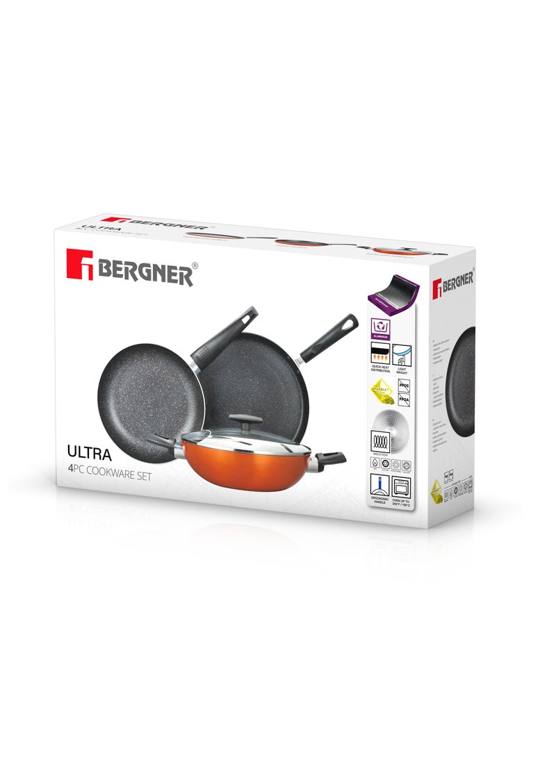 BERGNER طقم أواني الطهي ULTRA 4 قطع، طقم طهي من الألمنيوم المضغوط، أواني طهي ذات قاعدة حثية، أواني طهي مغطاة بالرخام + غير لاصقة، مناسبة لجميع المواقد، لون برتقالي معدني، BG31305OR - Image 3