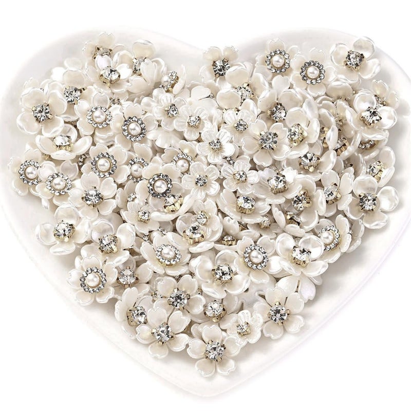 PIPITREE 120PCS Rhinestone Buttons, Acrylic Faux Pearl Buttons, Flat Back Flower Embellishments for Crafts, Jewelry Making, DIY Wedding, Clothes, Bags, Shoes, Christmas, Thanksgiving Gifts (White) - Image 3