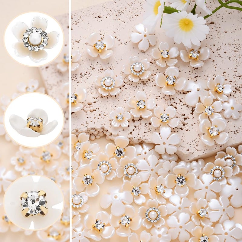 PIPITREE 120PCS Rhinestone Buttons, Acrylic Faux Pearl Buttons, Flat Back Flower Embellishments for Crafts, Jewelry Making, DIY Wedding, Clothes, Bags, Shoes, Christmas, Thanksgiving Gifts (White) - Image 2