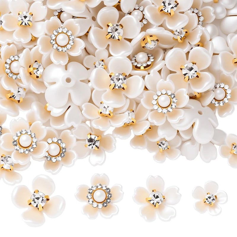 PIPITREE 120PCS Rhinestone Buttons, Acrylic Faux Pearl Buttons, Flat Back Flower Embellishments for Crafts, Jewelry Making, DIY Wedding, Clothes, Bags, Shoes, Christmas, Thanksgiving Gifts (White) - Image 1
