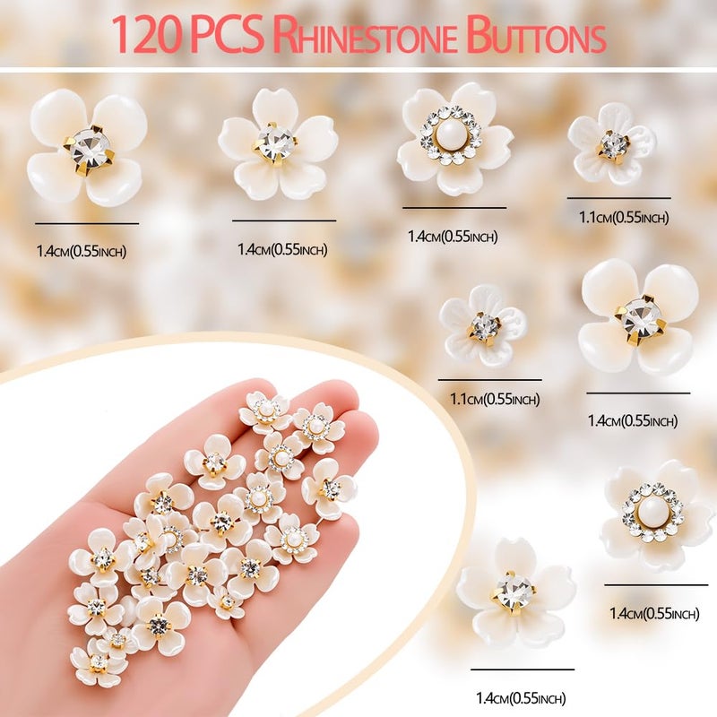 PIPITREE 120PCS Rhinestone Buttons, Acrylic Faux Pearl Buttons, Flat Back Flower Embellishments for Crafts, Jewelry Making, DIY Wedding, Clothes, Bags, Shoes, Christmas, Thanksgiving Gifts (White) - Image 4