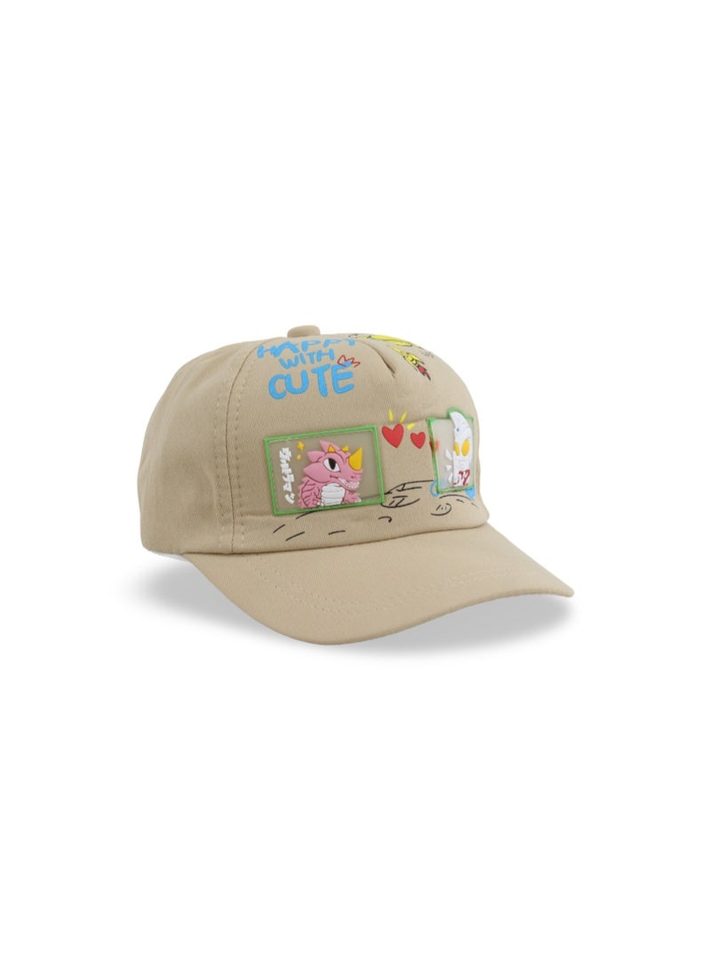 Fancy Unisex Cotton Cap –  Beige with "Happy with Cute" Design - Image 1